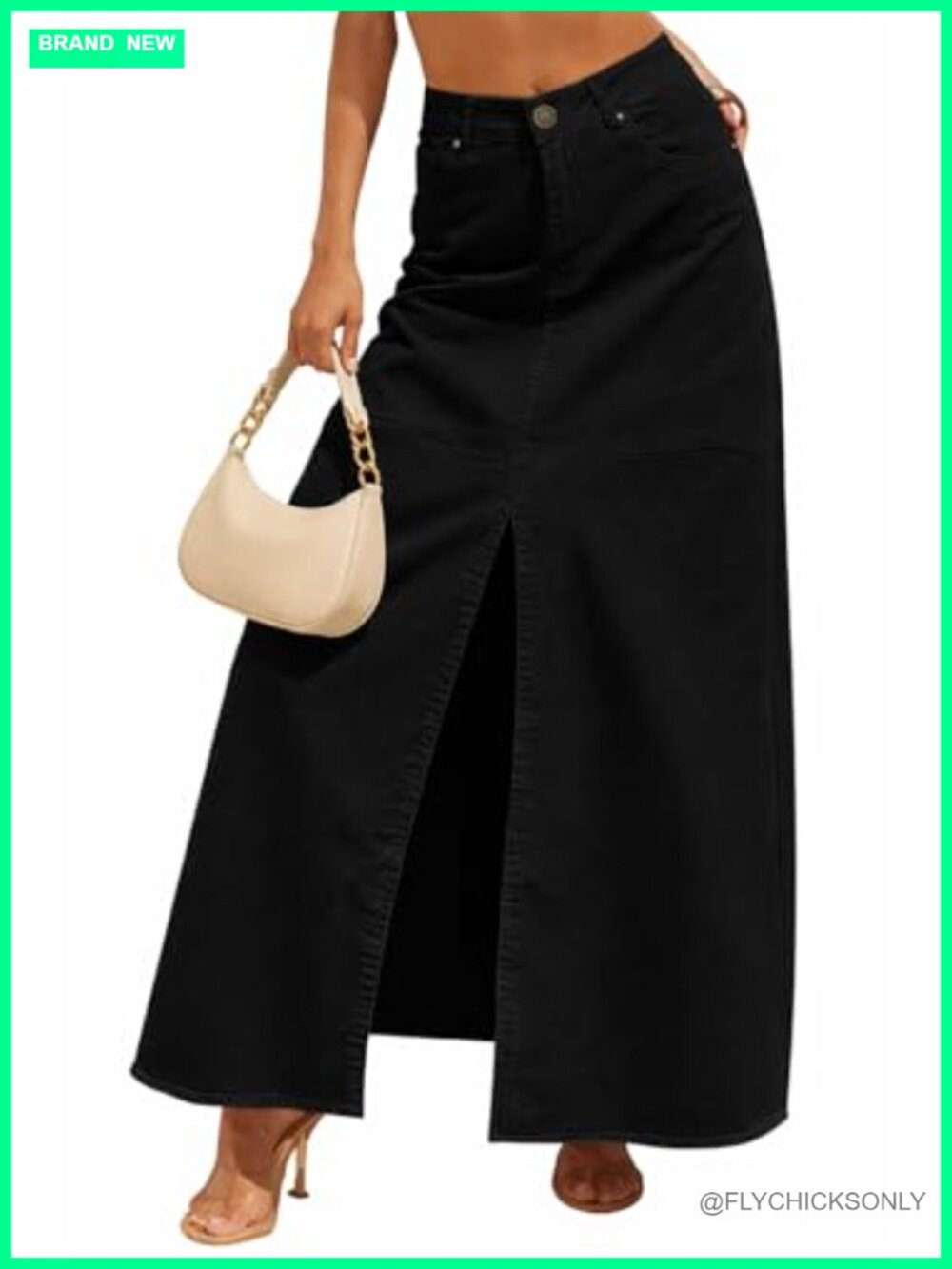 High Waist Button Denim Maxi Skirt Front Slit Side Pockets